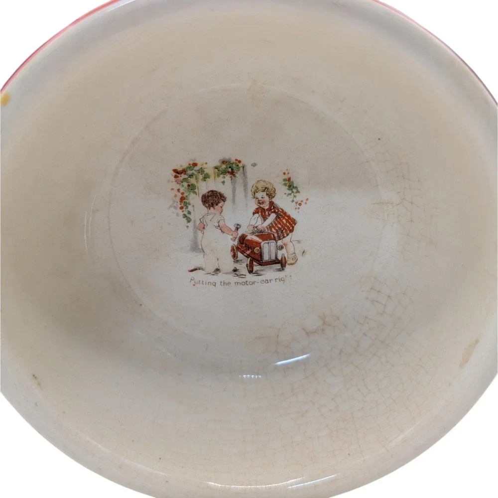 Antique Putting The Motor Car Right Childs Porcelain Bowl Red Trim Cereal Soup